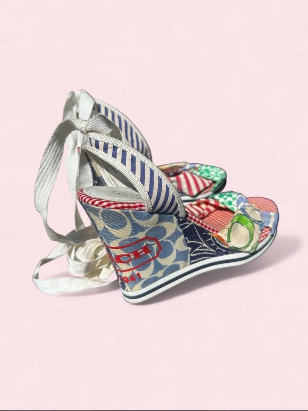 Coach Red Gingham & Multicolor Scarf-Knot Tie-Wrap Wedge Sandals
